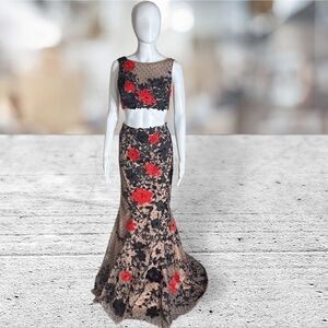 Sherri Hill‎ Rose Appliqué & Jeweled Embellished Mesh With Nude Two Piece…